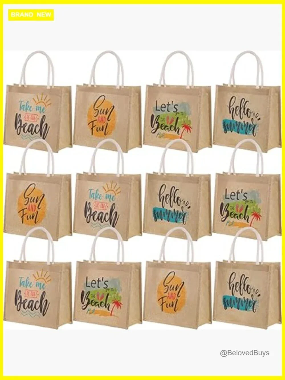 12-Pack Burlap Tote Bags with Handles Reusable Waterproof Jute Straw Grocery